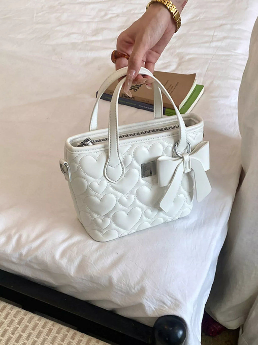 Chic Quilted Heart Crossbody Bag with Bow Accent