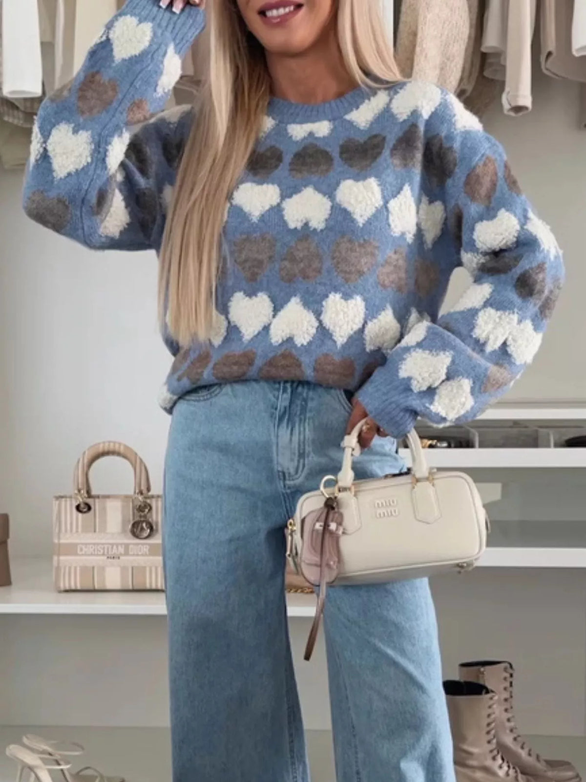 Heart-Patterned Round Neck Sweater