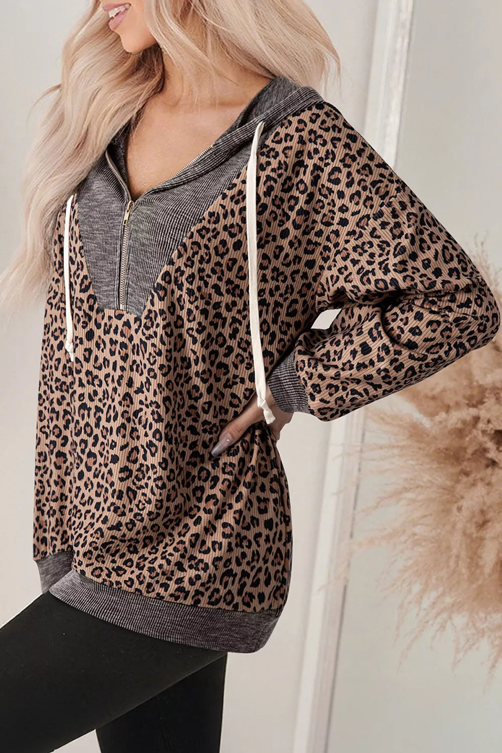 Leopard Print Quarter-Zip Hoodie