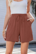 Chestnut Lace Splicing Drawstring Elastic Waist Loose Linen Shorts