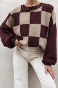 Checkerboard Dropped Shoulder Sweater