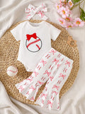 Children's Baseball Short Sleeve Bodysuit and Bow Pants Set with Headband
