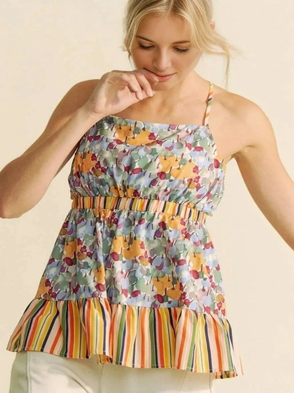 Floral Sleeveless Smocked Top with Ruffle Trim and Back Tie