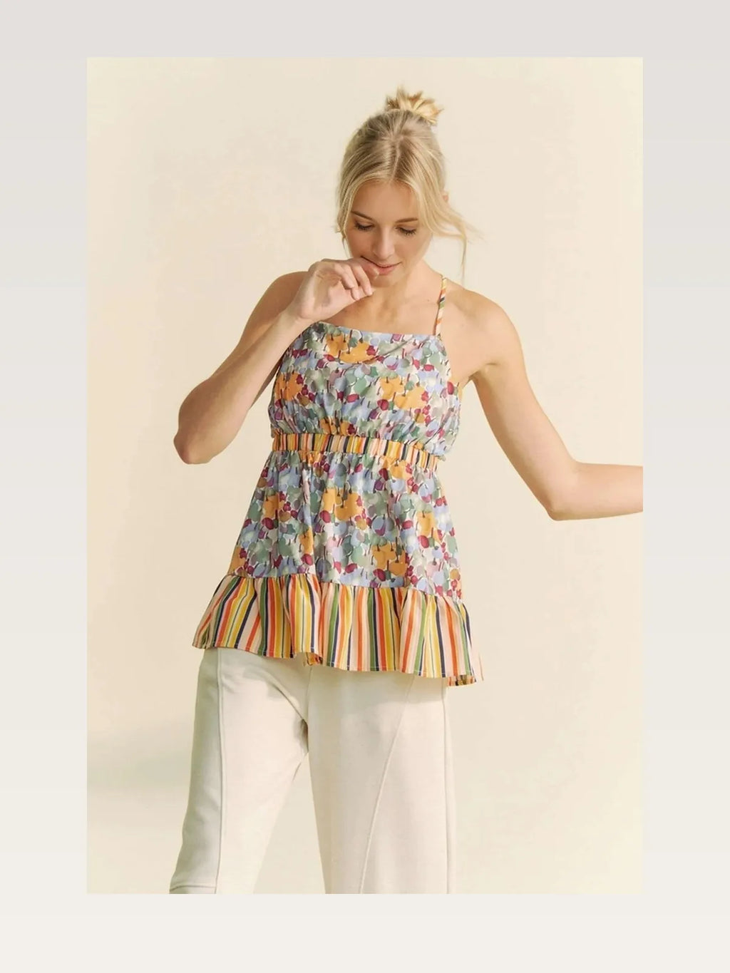 Floral Sleeveless Smocked Top with Ruffle Trim and Back Tie