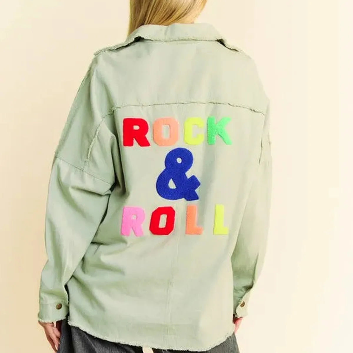 Patchwork Graphic Shacket with Fringed Hem and Loose Fit