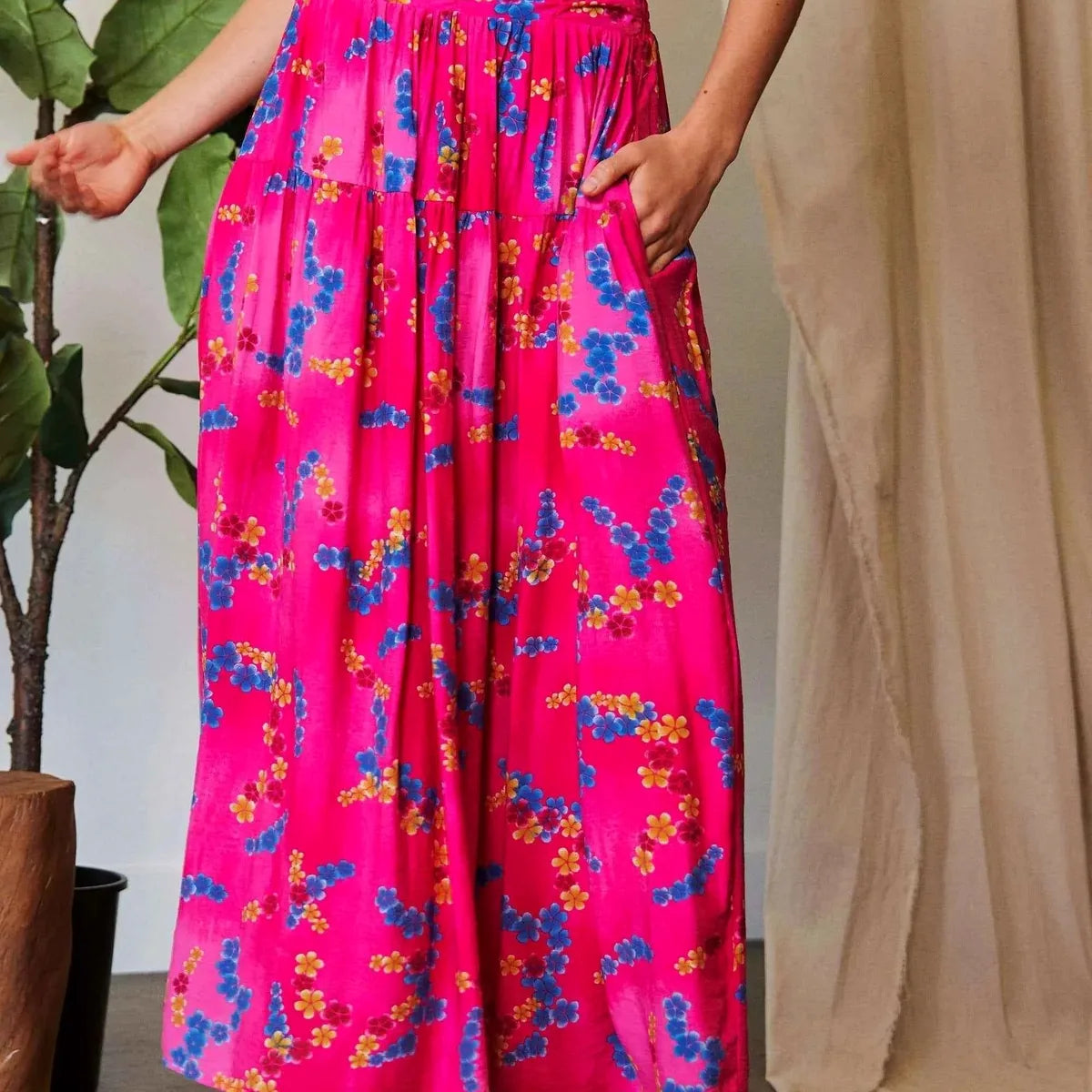Printed Smocked Waist Ruffle Maxi Skirt