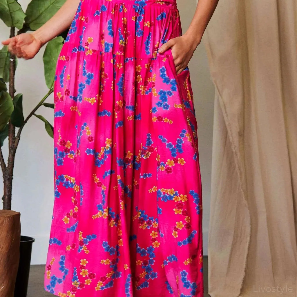 Printed Smocked Waist Ruffle Maxi Skirt