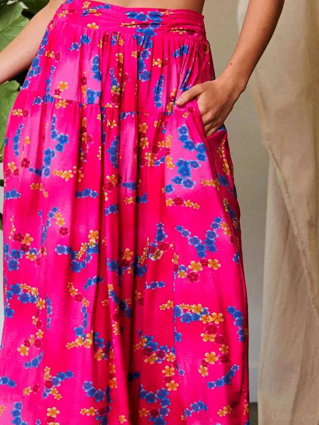 Printed Smocked Waist Ruffle Maxi Skirt