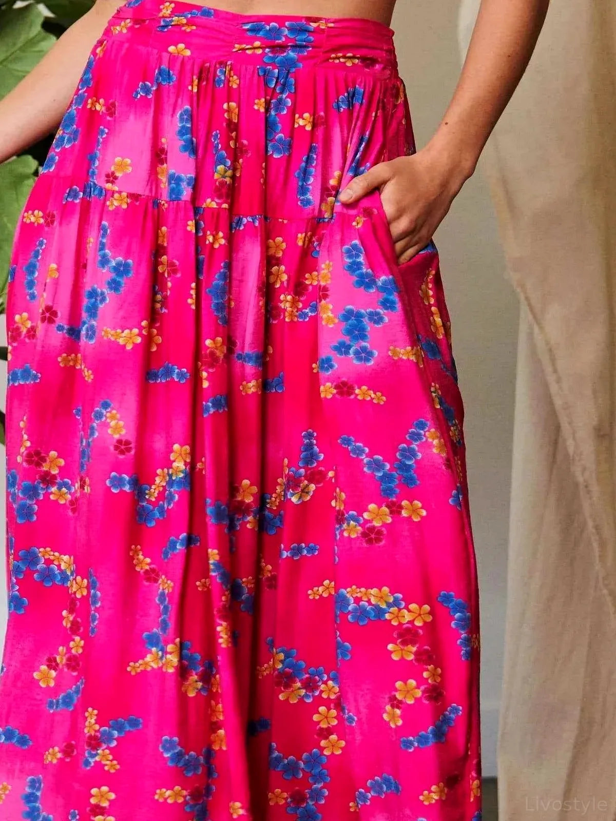 Printed Smocked Waist Ruffle Maxi Skirt
