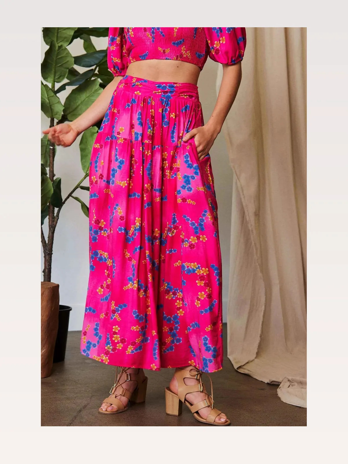 Printed Smocked Waist Ruffle Maxi Skirt