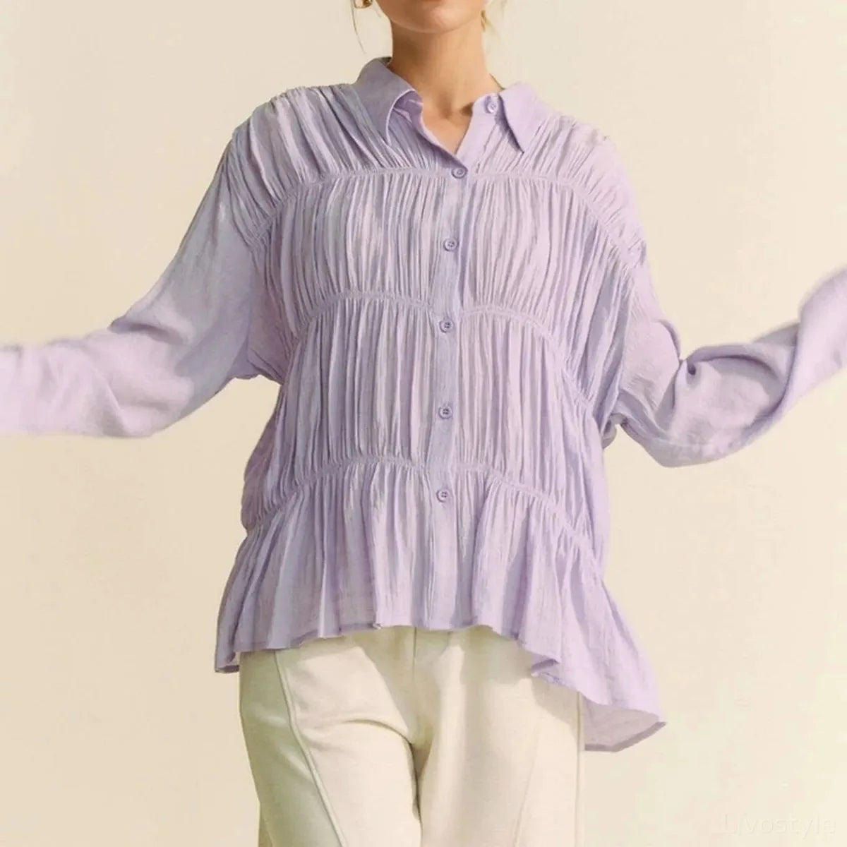Button Front Collared Shirt with Ruched Detailing