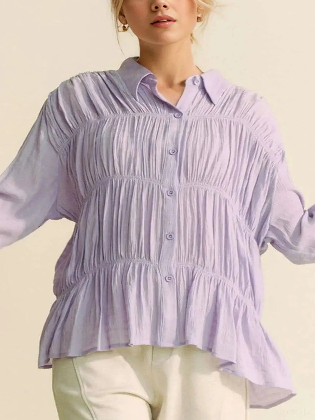 Button Front Collared Shirt with Ruched Detailing