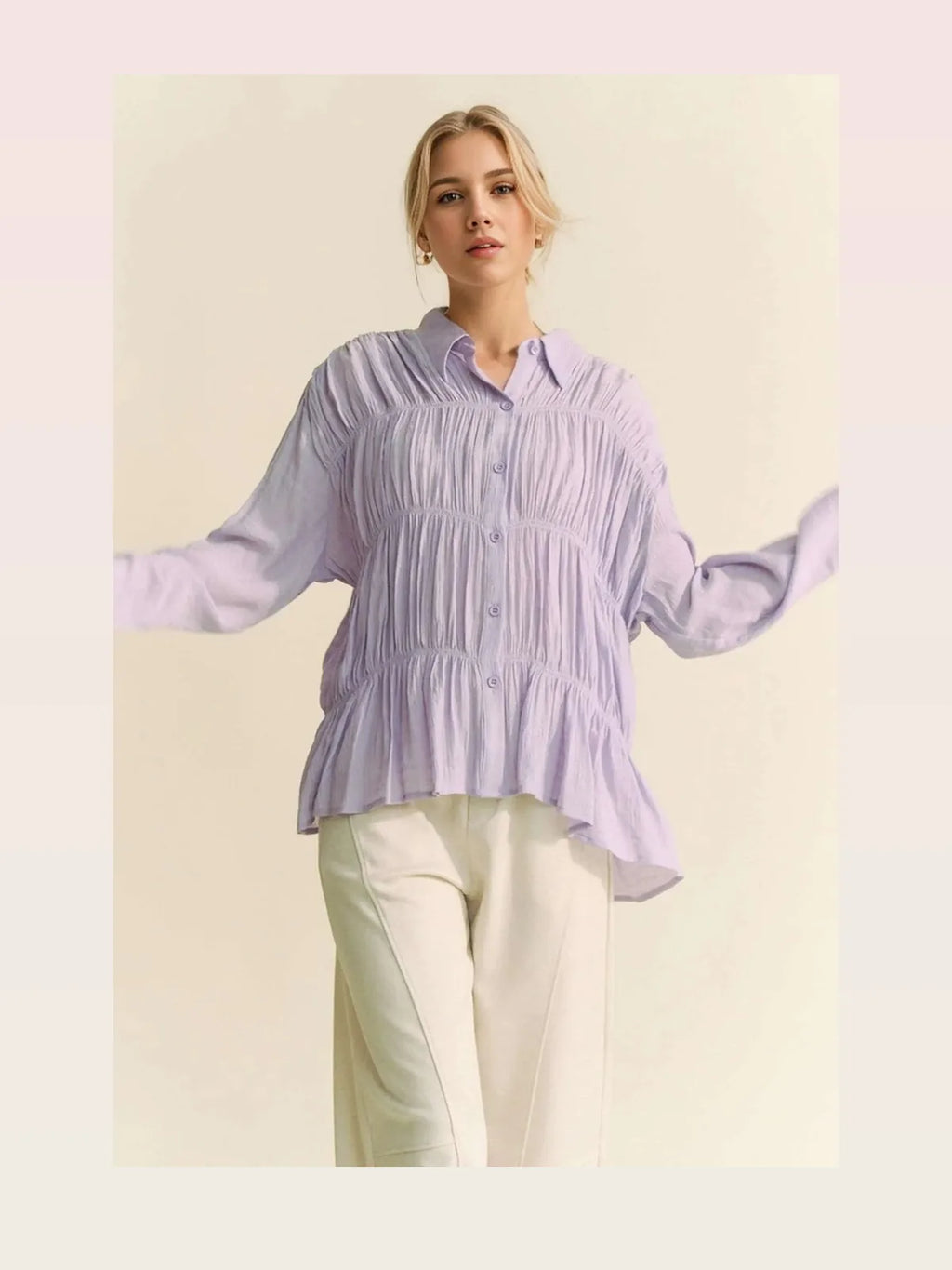 Button Front Collared Shirt with Ruched Detailing