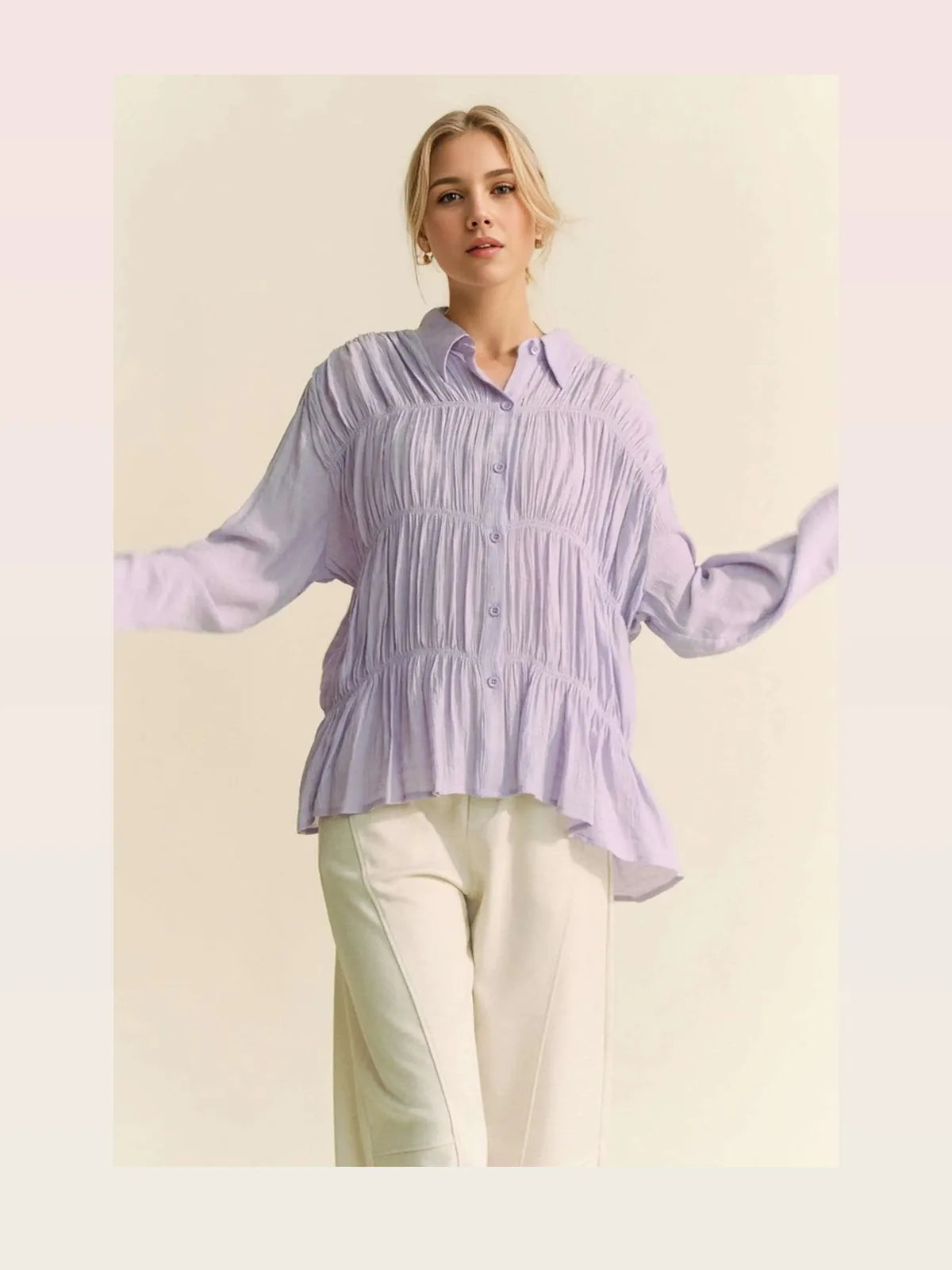 Button Front Collared Shirt with Ruched Detailing