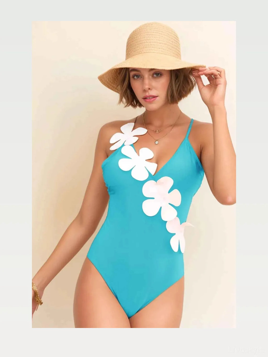 Solid Flower Detail V Neck One Piece Swimsuit