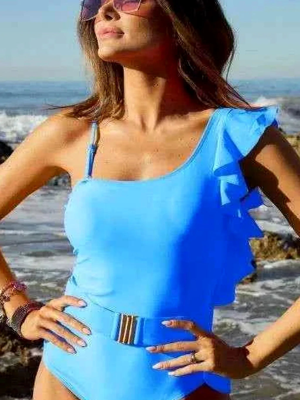 Solid One Shoulder Ruffle One-Piece Swimsuit