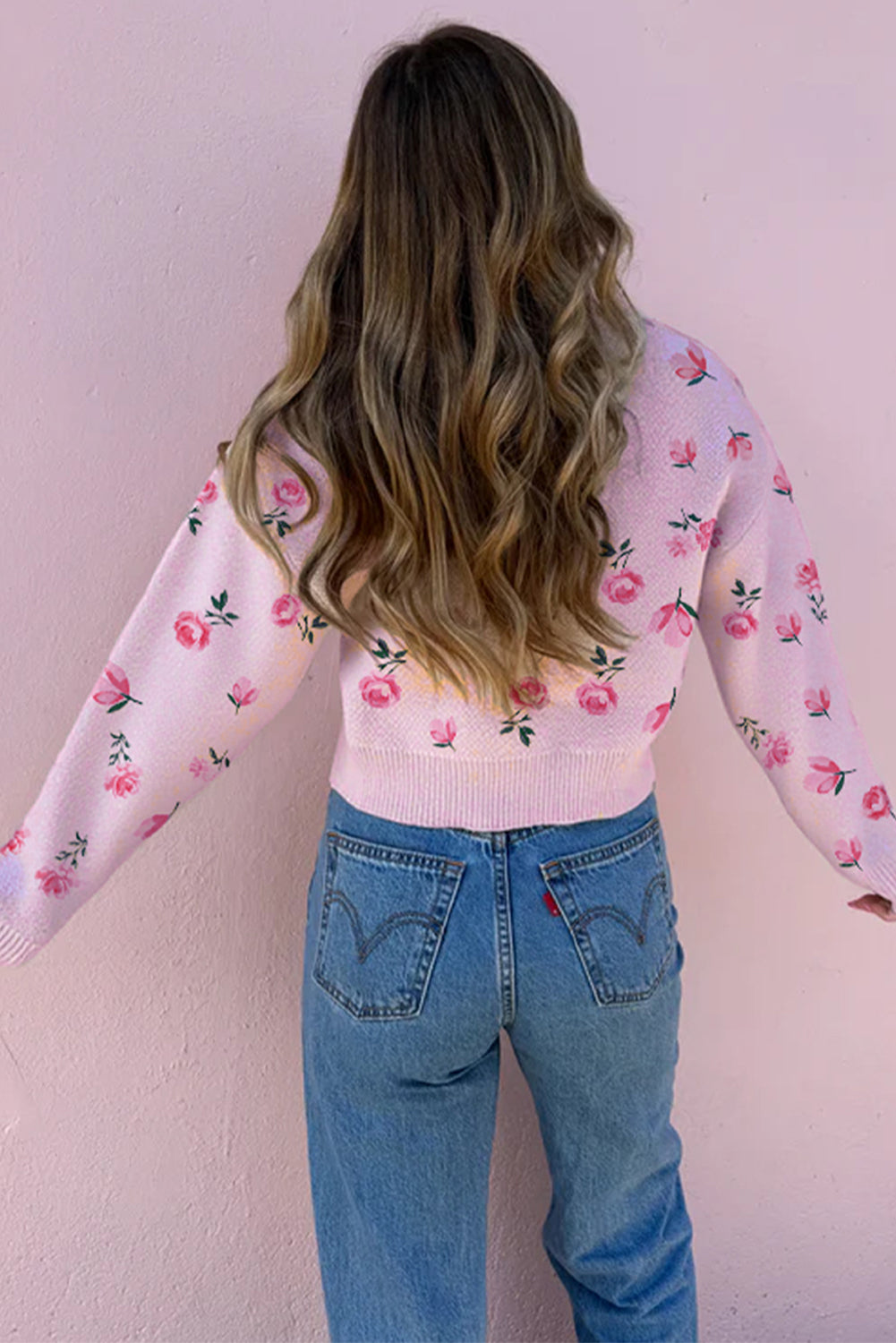 Delicacy Sweet Floral Print Drop Shoulder Cropped Sweater