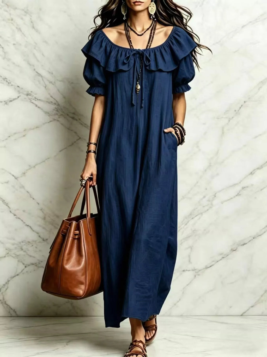 Ruffle Trim Puff Sleeve Maxi Dress