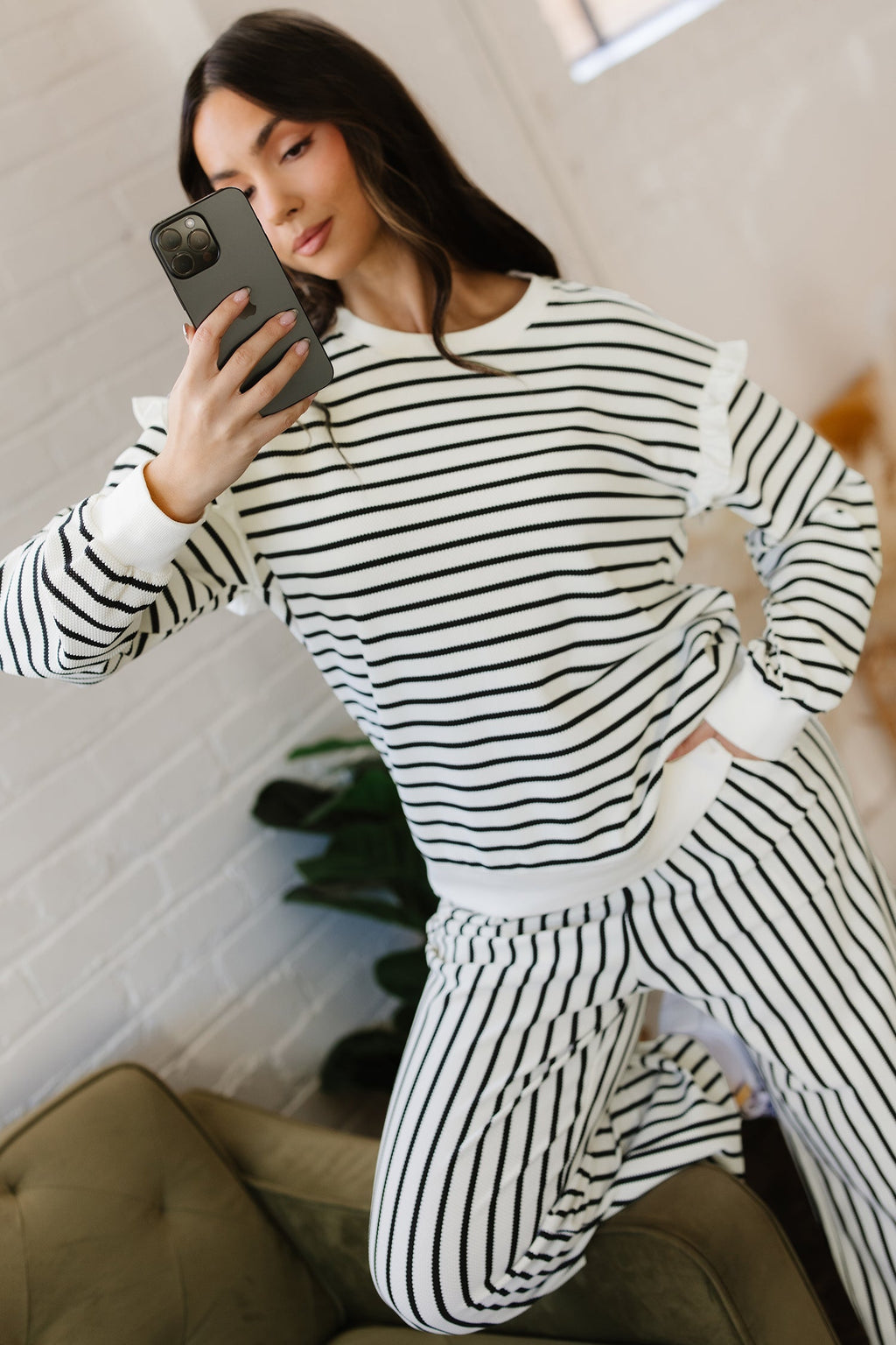 White Stripe Ruffle Trim Drop Shoulder Top Drawstring Loose Pant Set