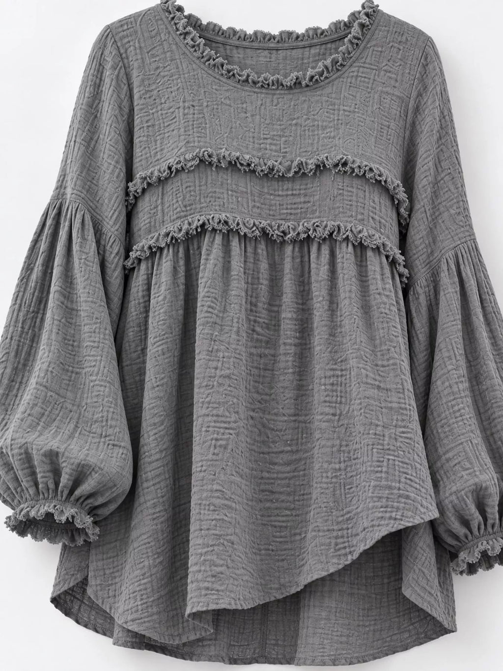 Full Size Boho Chic Textured Frayed Trim Peplum Blouse Plus Size