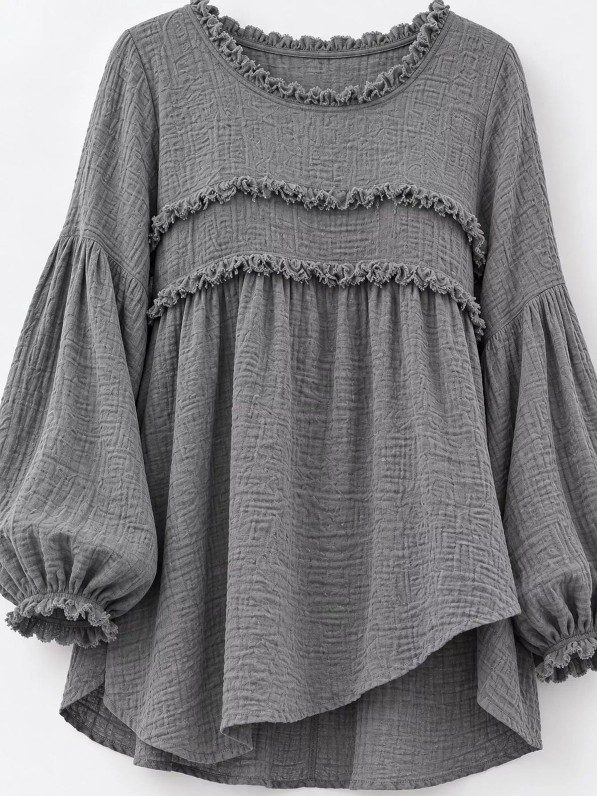 Full Size Boho Chic Textured Frayed Trim Peplum Blouse Plus Size