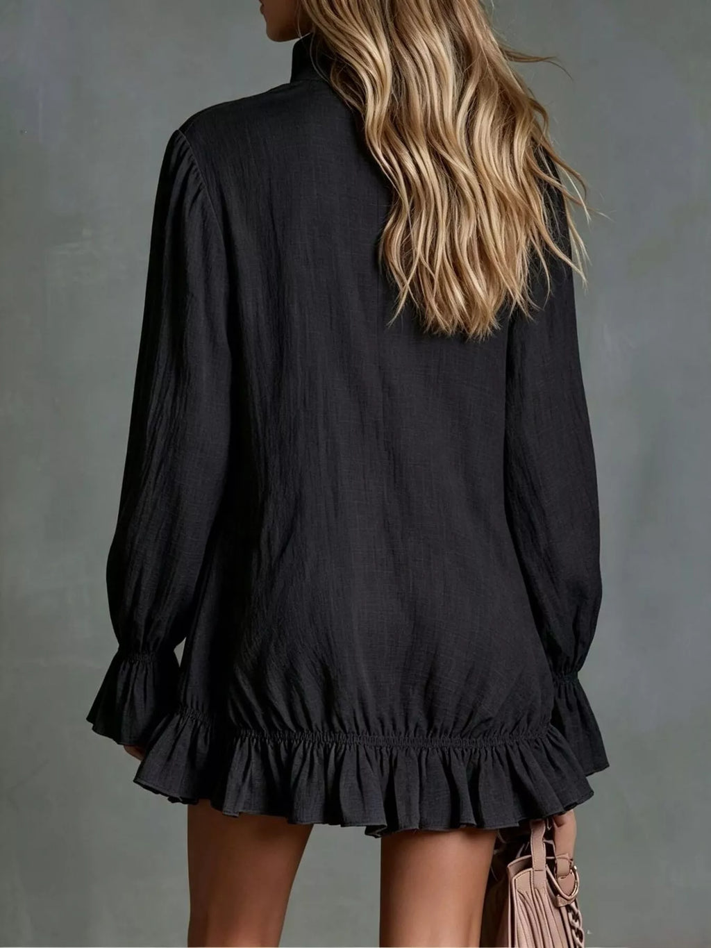 Zipper Front Ruffle Hem Flounce Sleeve Mini Dress