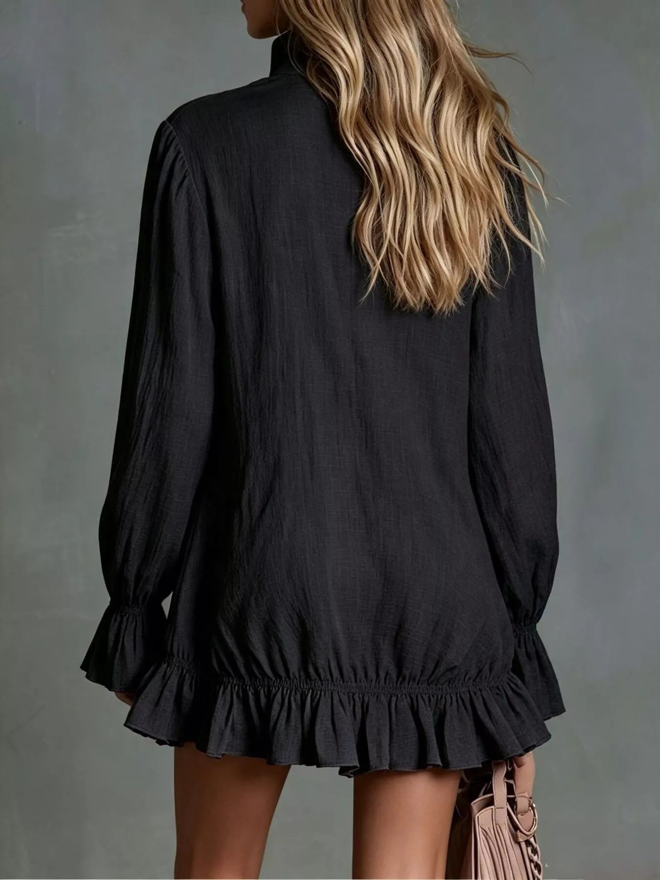 Zipper Front Ruffle Hem Flounce Sleeve Mini Dress