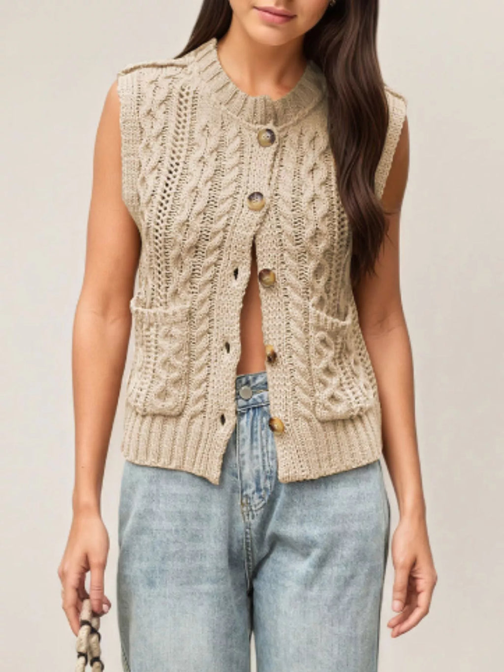 Cable-Knit Button-Down Sweater Vest