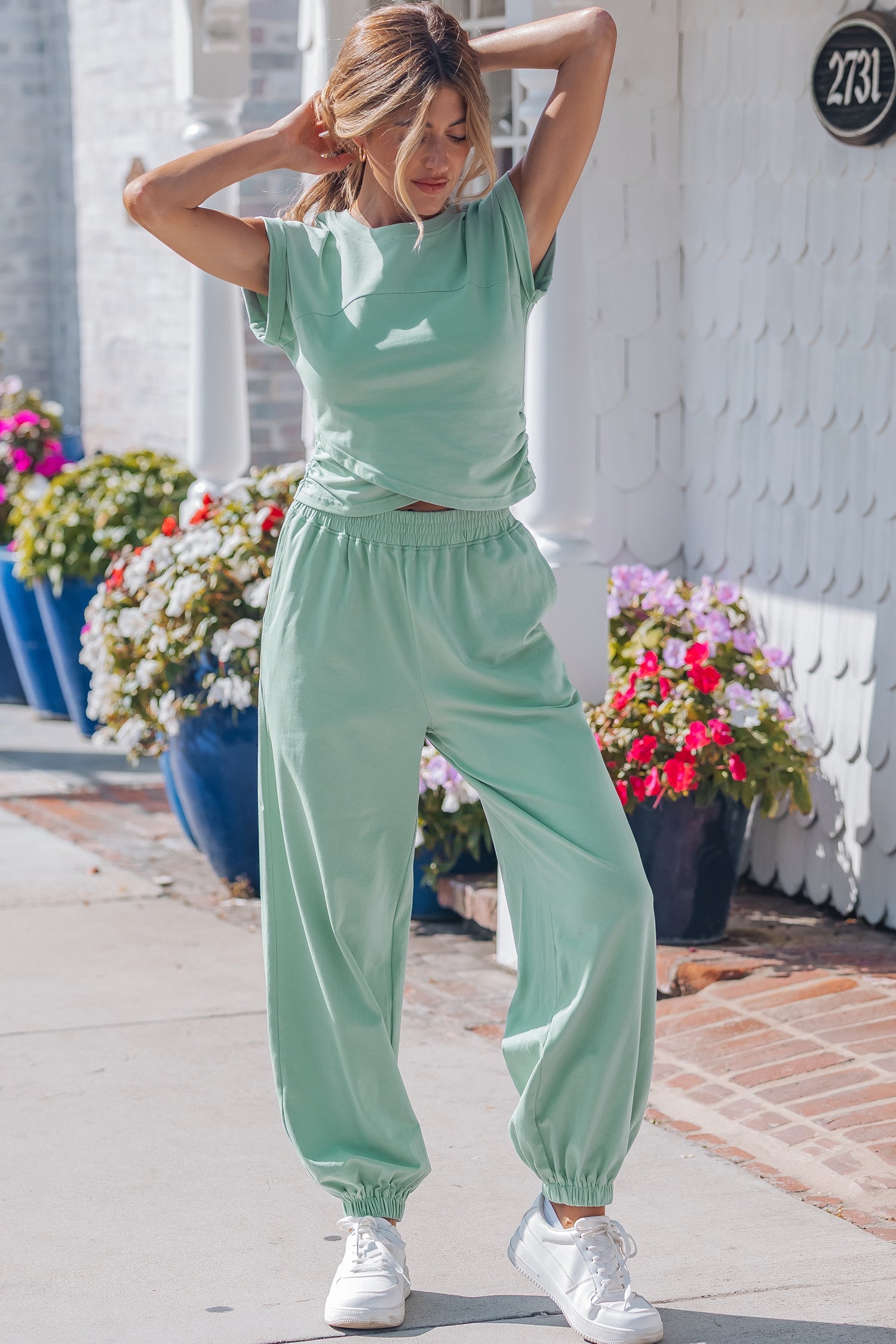 Moonlight Jade Solid Color Cropped Tank Top and Jogger Pants Set