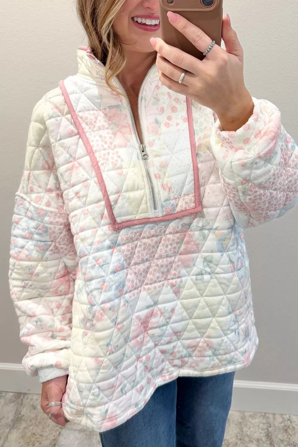 Floral Quilted Half Button Pocketed Pullover Sweatshirt