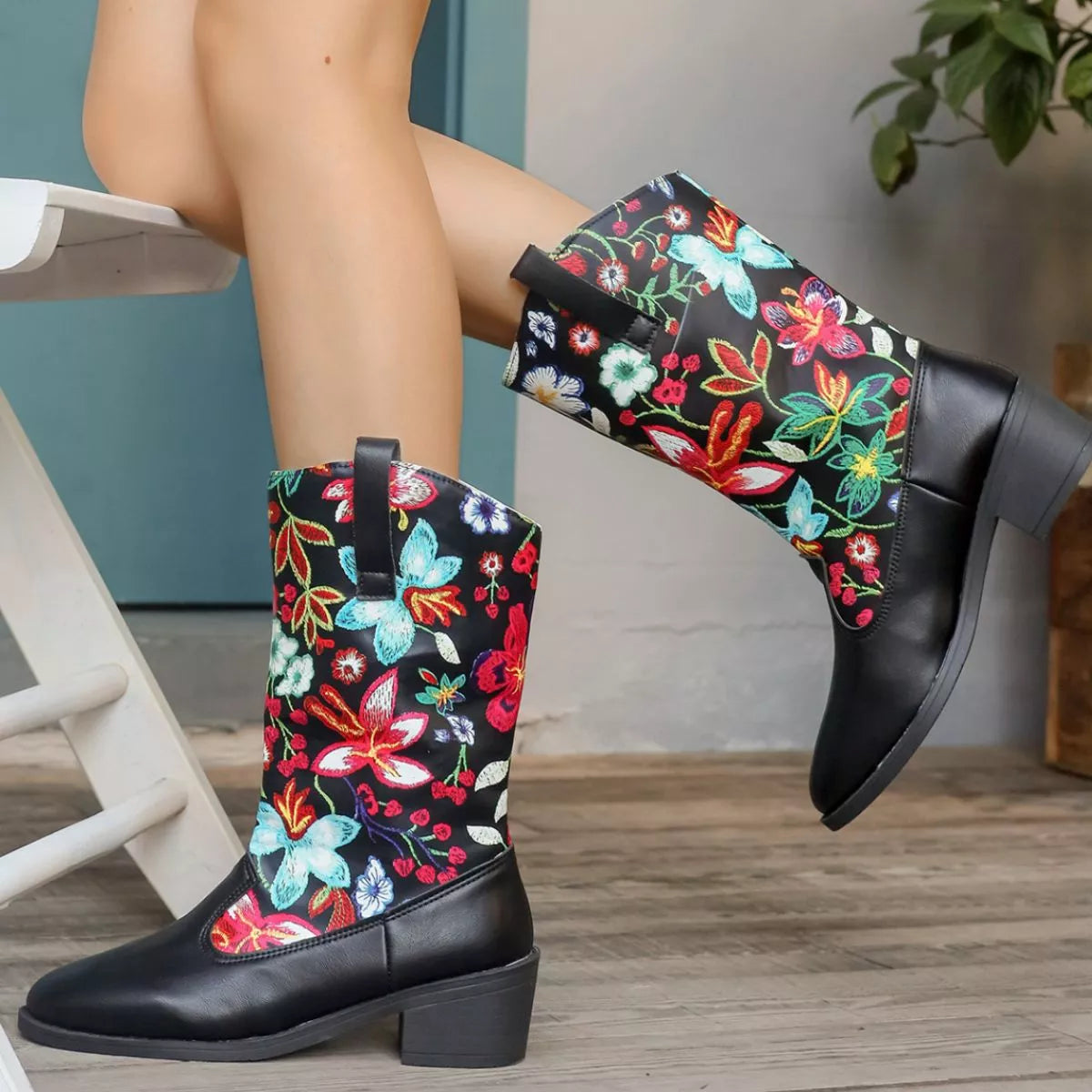 Floral Block Heel Boots