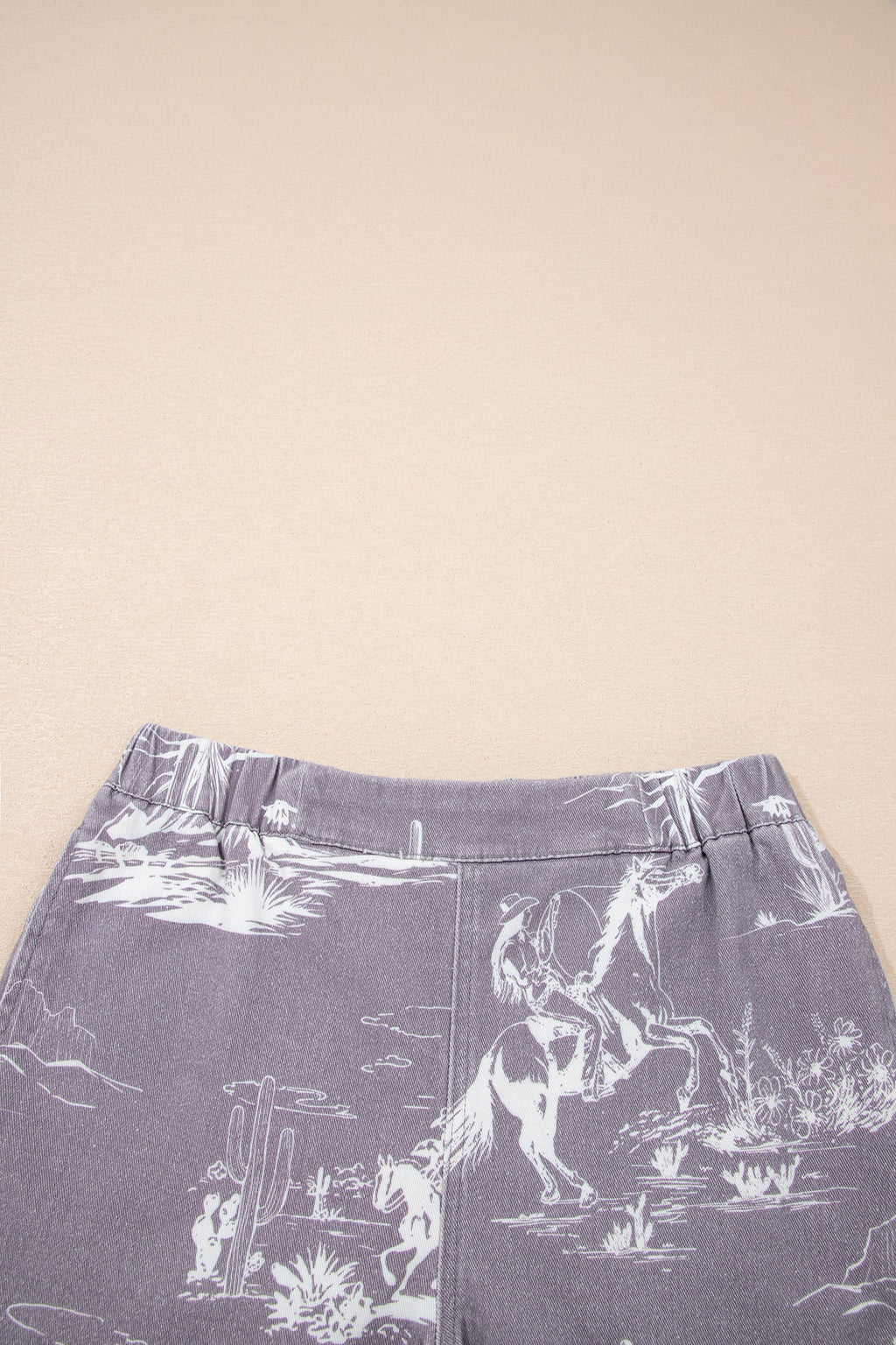 Gray Western Print Elastic Waist Cotton Denim Shorts