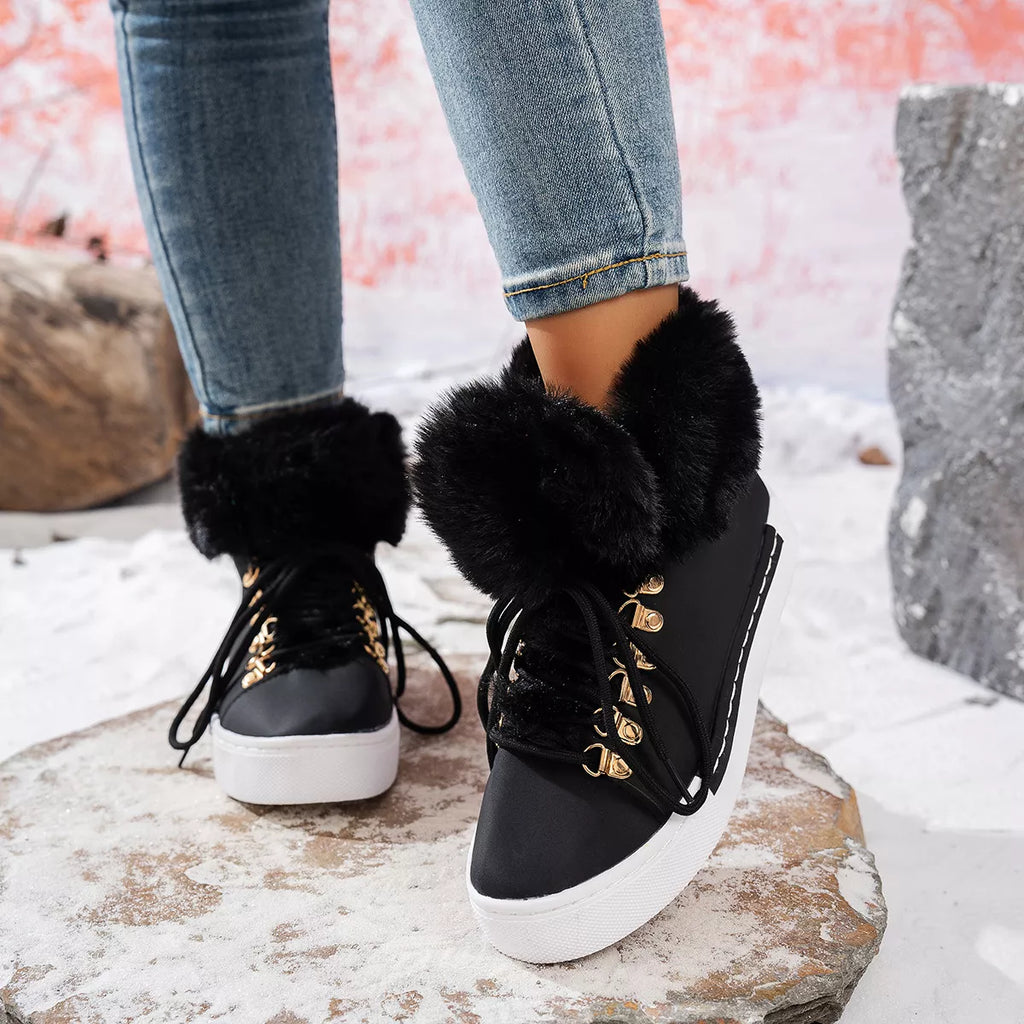 Fuzzy Trim Lace-Up Ankle Boots
