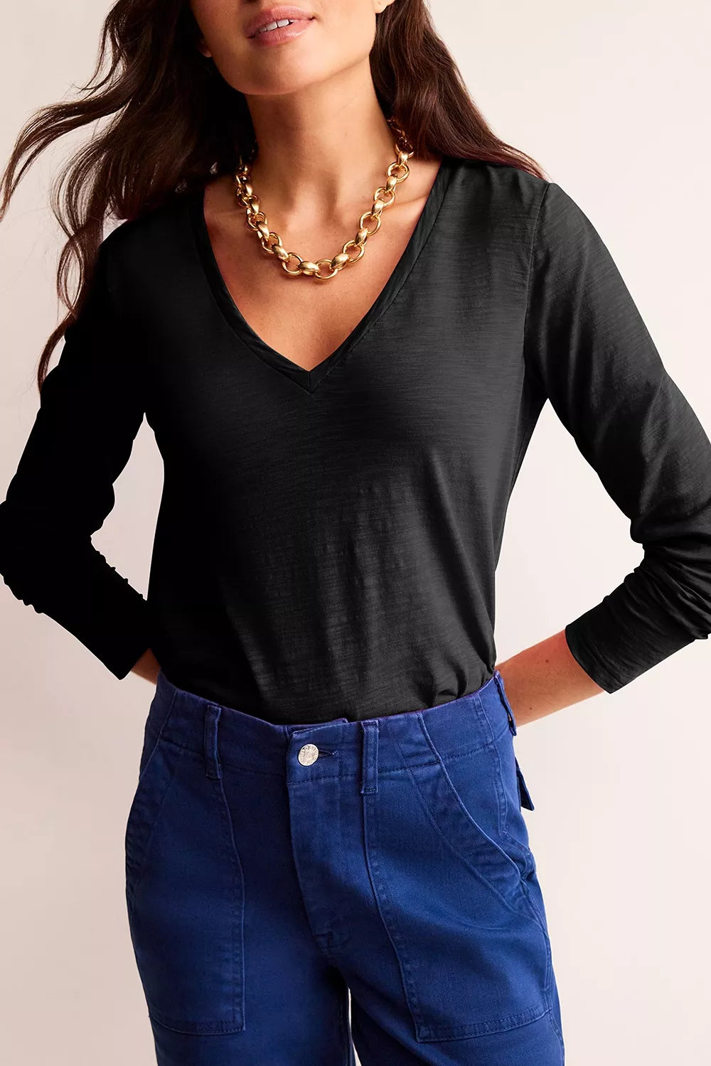Solid Color V Neck Long Sleeve Stretchy Top