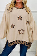 Contrast Leopard Star Patchwork Detail Raw Seam Baggy Sweatshirt