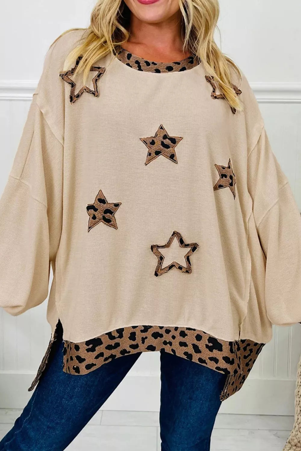 Contrast Leopard Star Patchwork Detail Raw Seam Baggy Sweatshirt