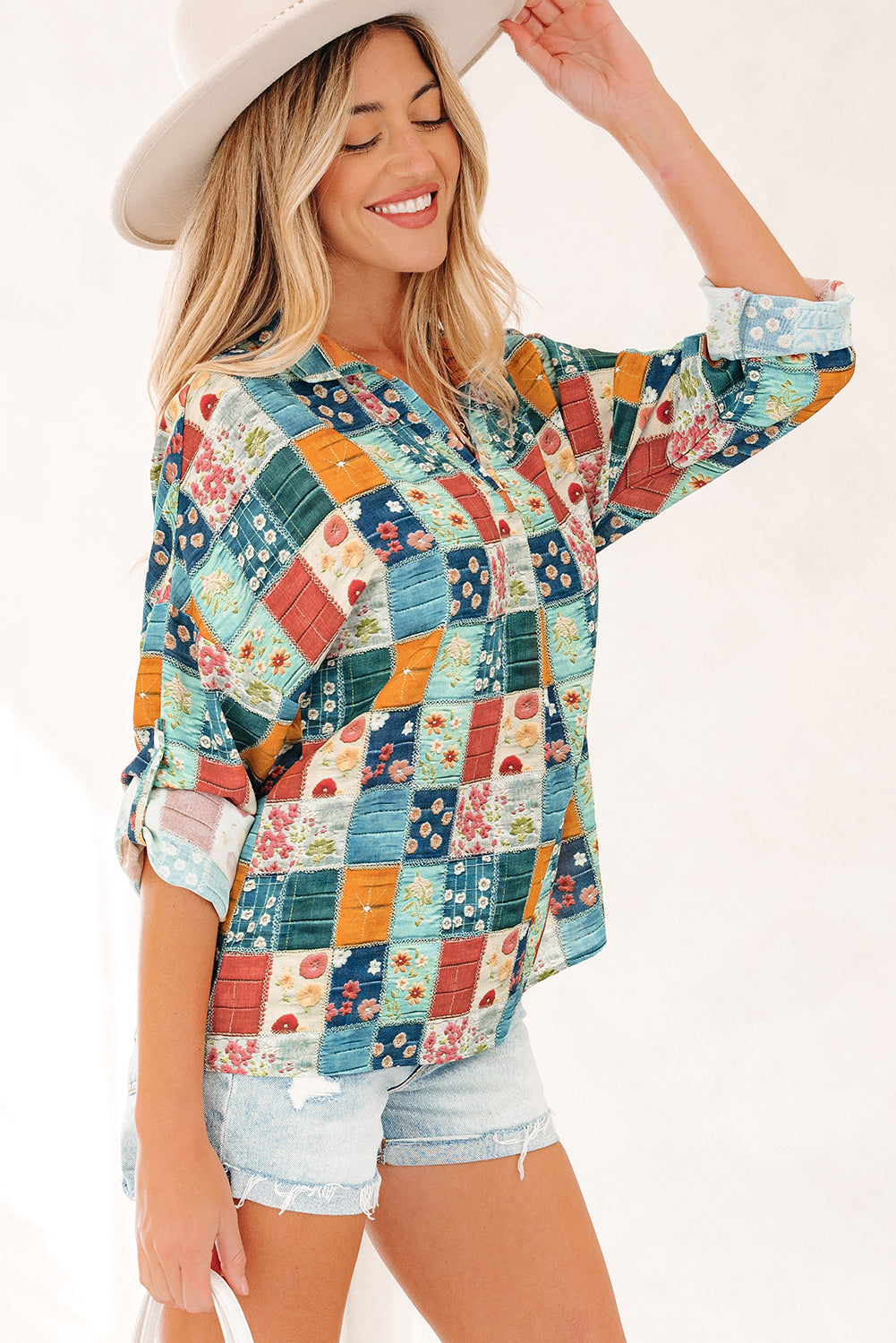 Floral Patchwork Long Sleeve Collared V-Neck Blouse