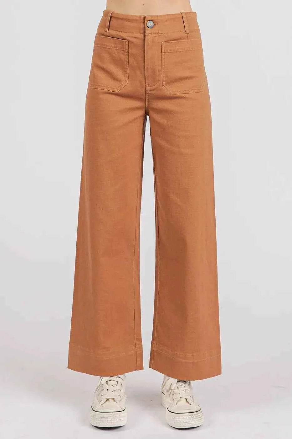 High Rise Wide Leg Twill Pants with Patch Pockets – Cinnamon