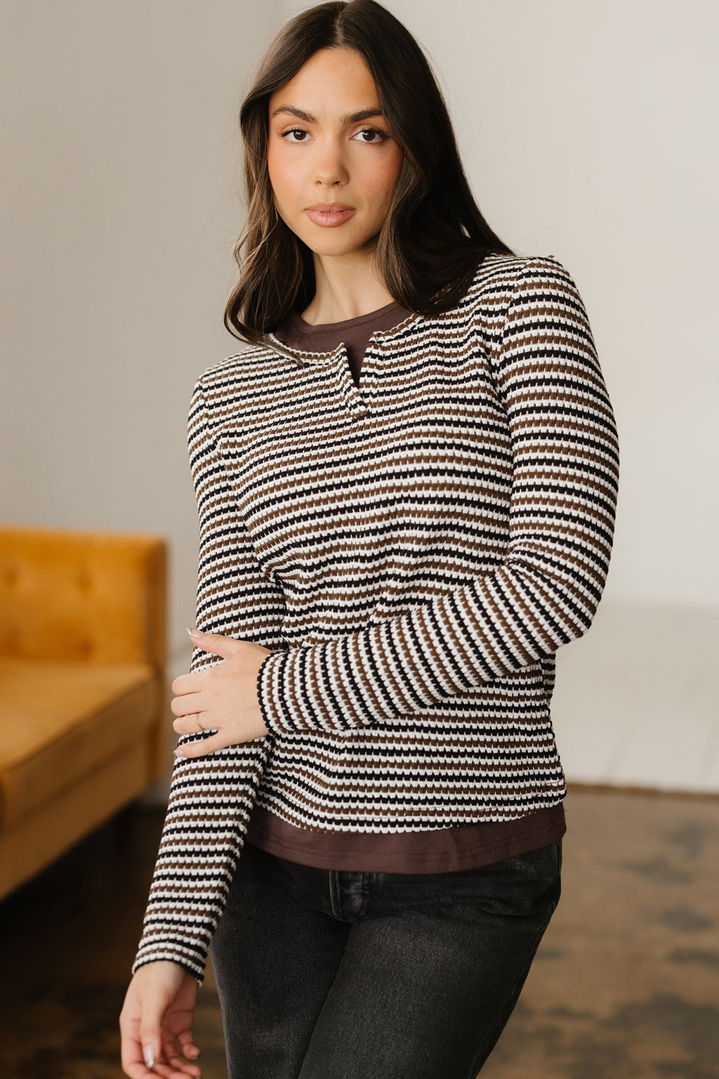 Brown Faux Two Piece Textured Striped Round Neck Long Sleeve T Shirt