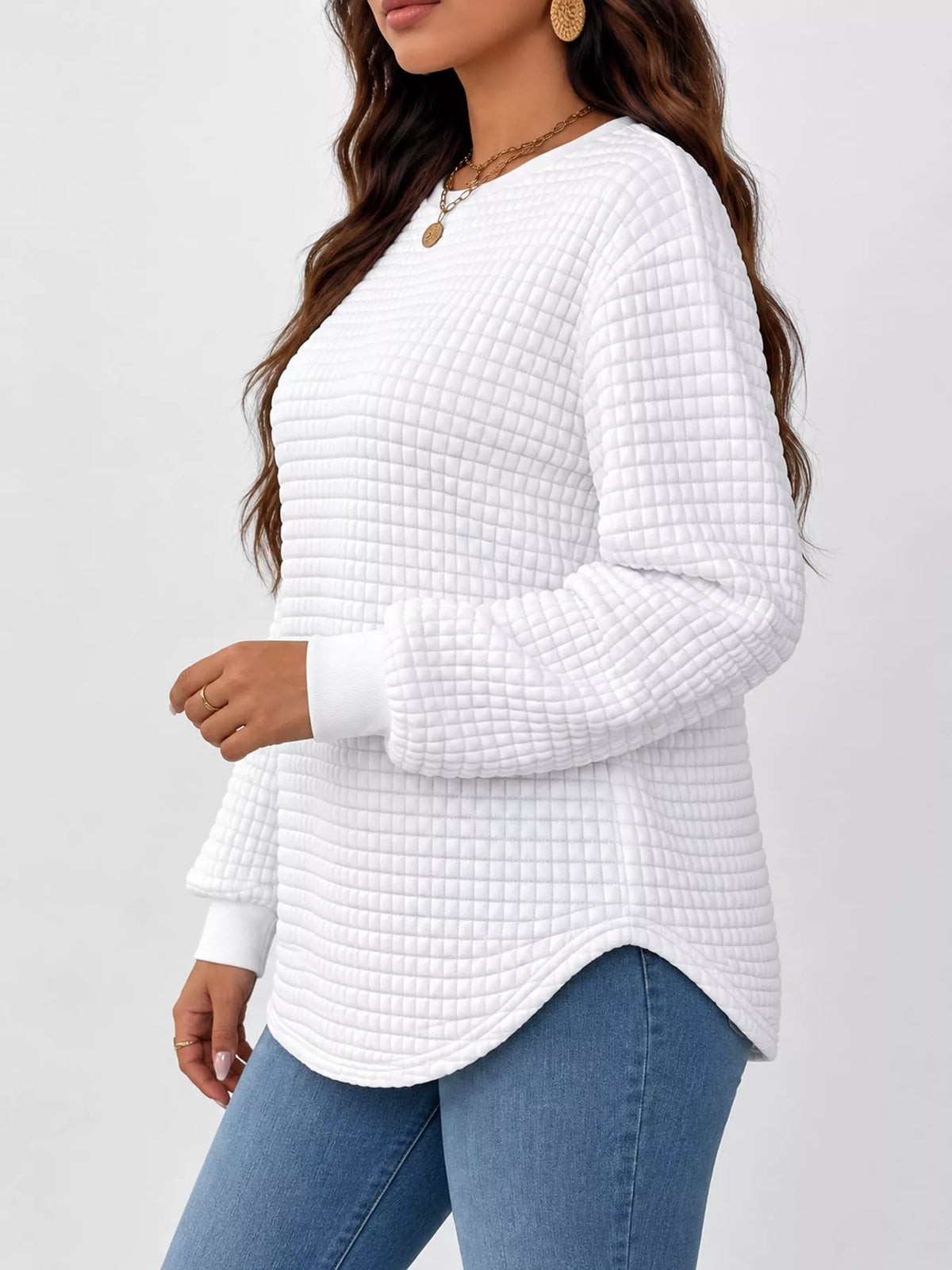 Plus Size Textured Waffle Knit Crew Neck Sweatshirt