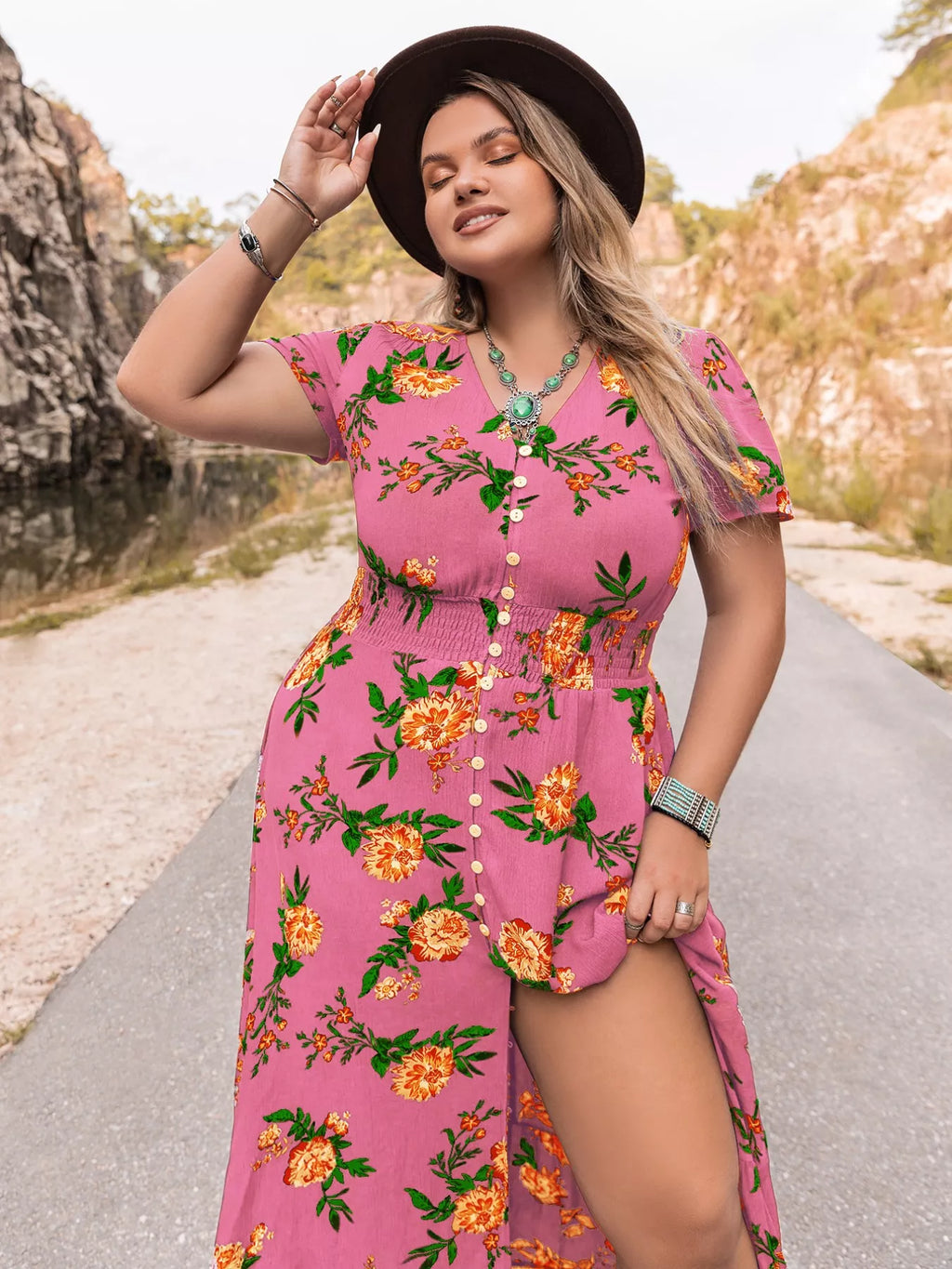 Floral V-Neck Short Sleeve Maxi Dress