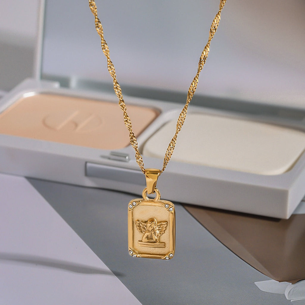 18K gold rectangular necklace with angel pattern design classic fashion necklace