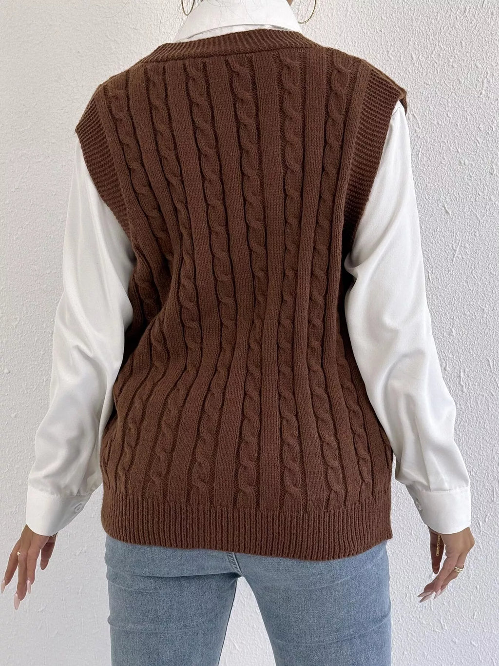V-Neck Cable Knit Button-Down Sweater Vest with Heart Embroidery