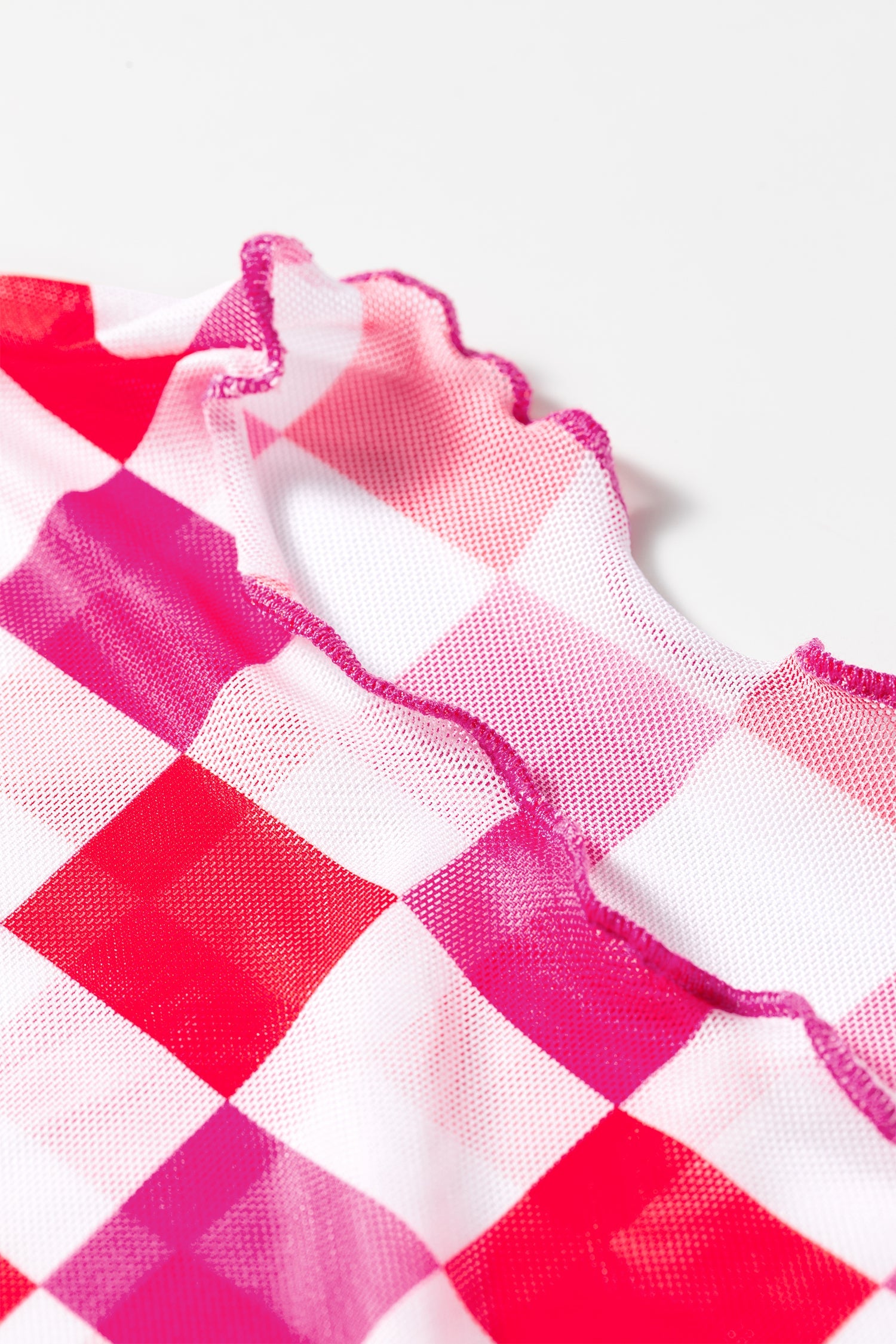 Rose Plaid Heart Mesh Sheer Long Sleeve High Neck Blouse