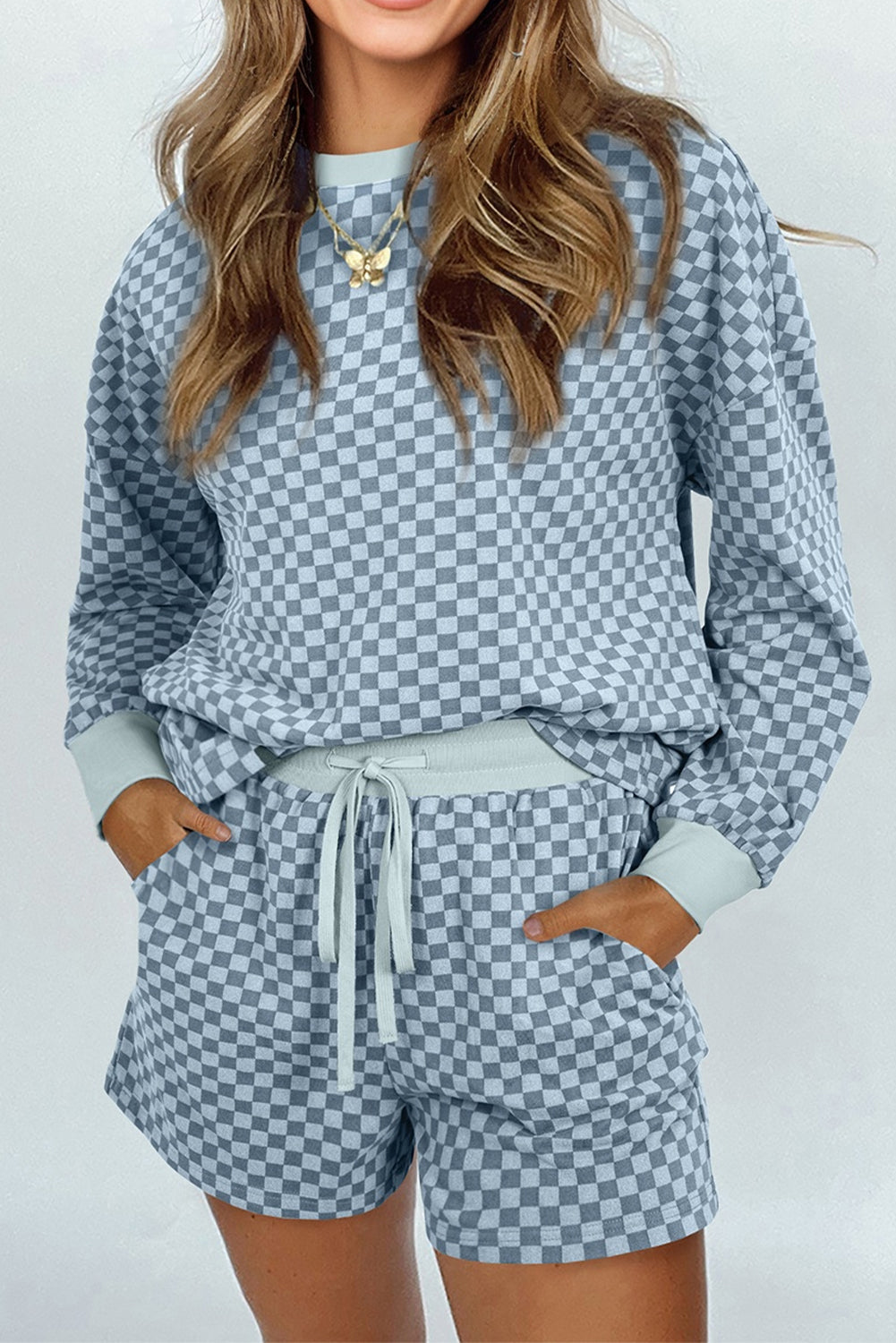 Checker Long Sleeve Pullover and Shorts Set