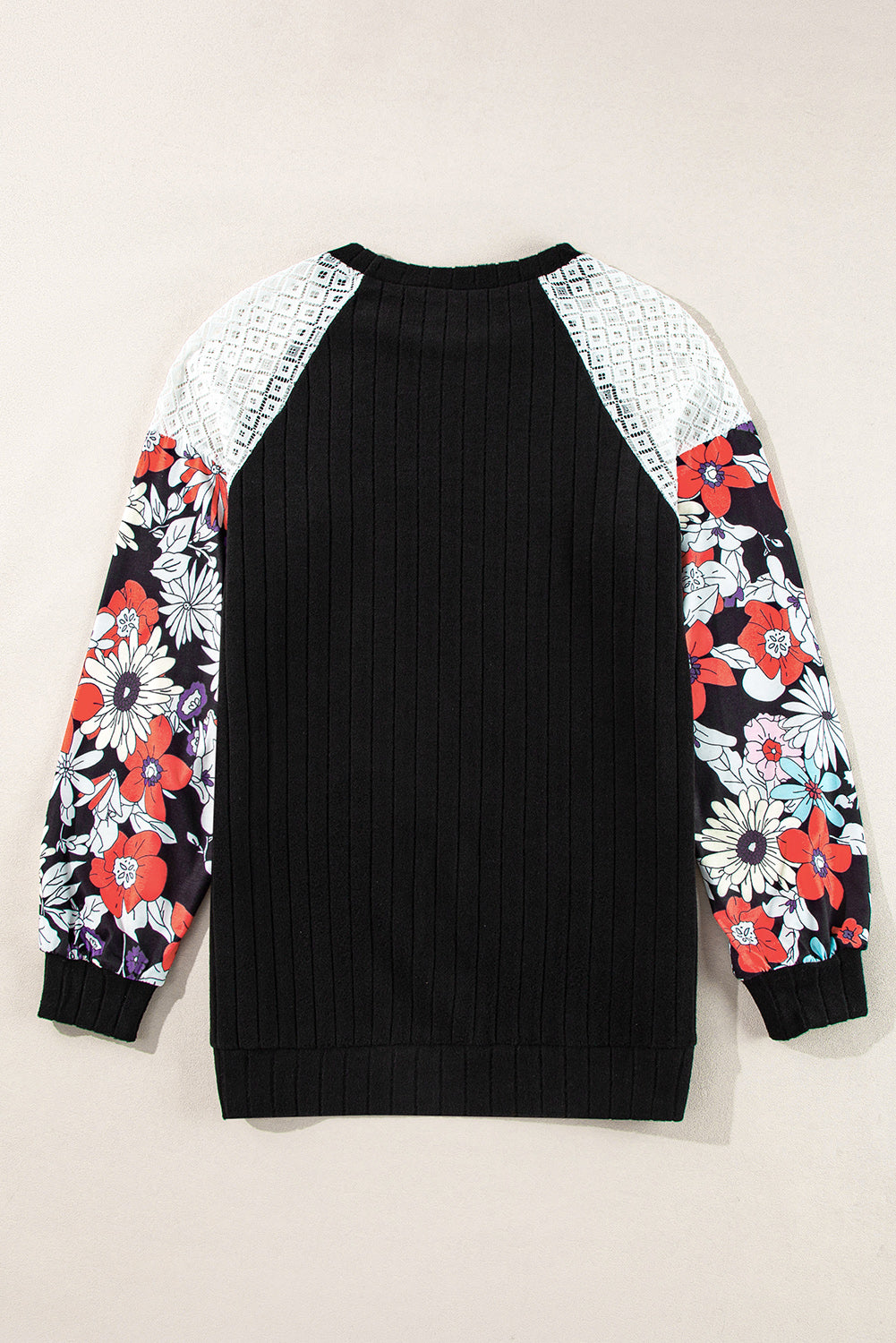 Floral Ribbed Patchwork Long Sleeve Blouse