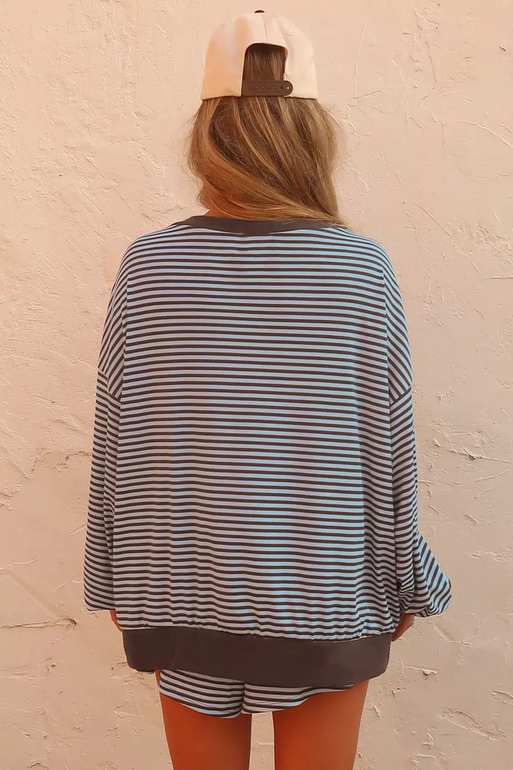 Stripe Oversized Long Sleeve Top Drawstring Loose Shorts 2pcs Set