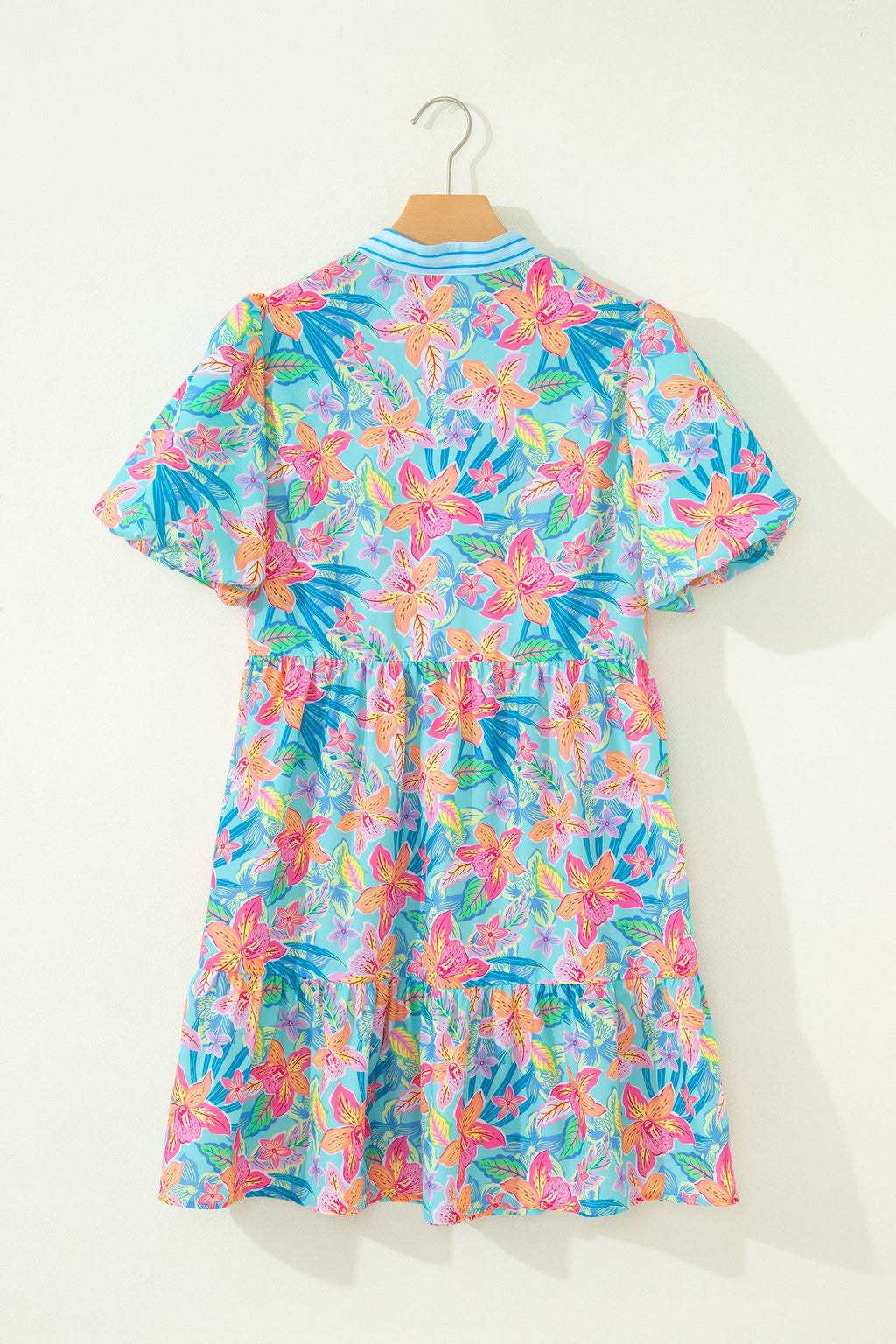 Multicolour Floral Print Contrast Scallop Striped Trim V Neck Dress
