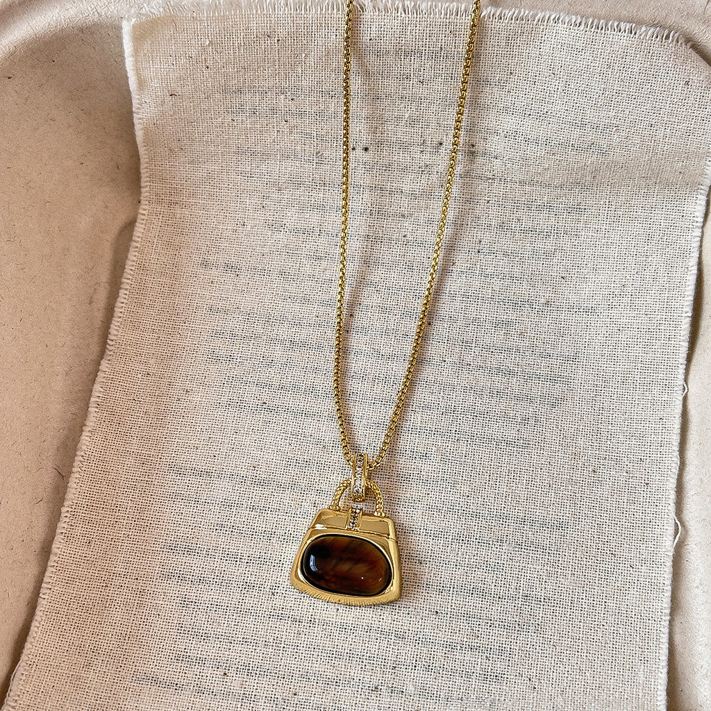 Tigers Eye Stone And Coffee-Colored Leather Double-Layer Necklace