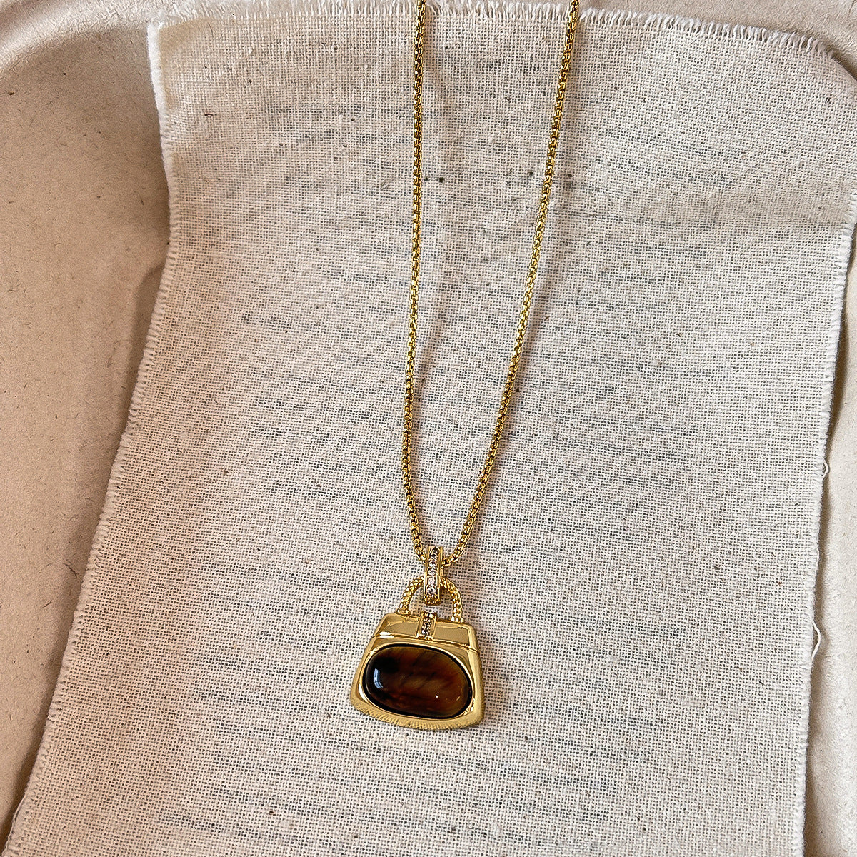 Tigers Eye Stone And Coffee-Colored Leather Double-Layer Necklace